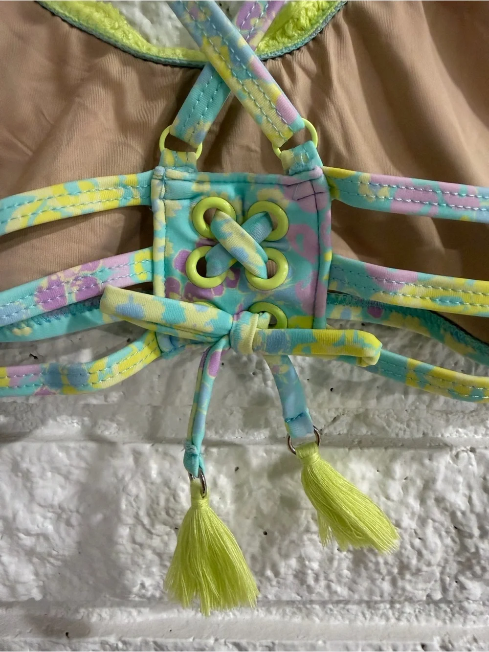 Shade Critters Crochet Floral Two-Piece Swim Set with Yellow Tassel Accents